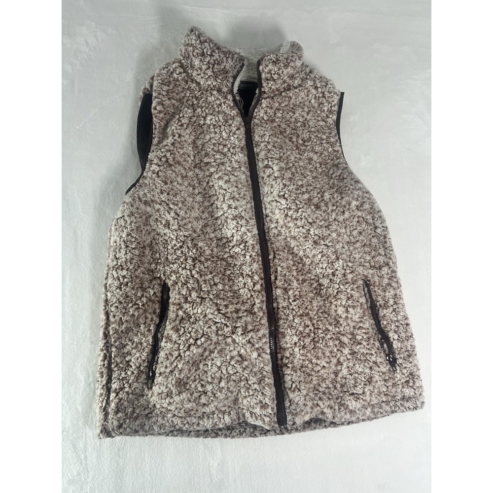 Merokeety Brown Cream Sherpa Vest Womens Large Zipper Pockets Faux Fur Coat